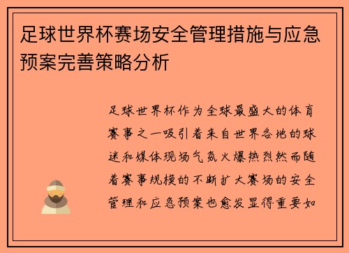 足球世界杯赛场安全管理措施与应急预案完善策略分析