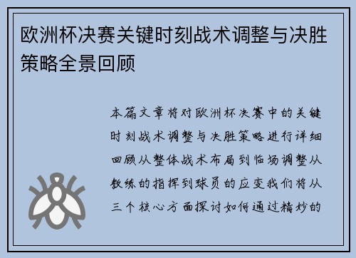 欧洲杯决赛关键时刻战术调整与决胜策略全景回顾