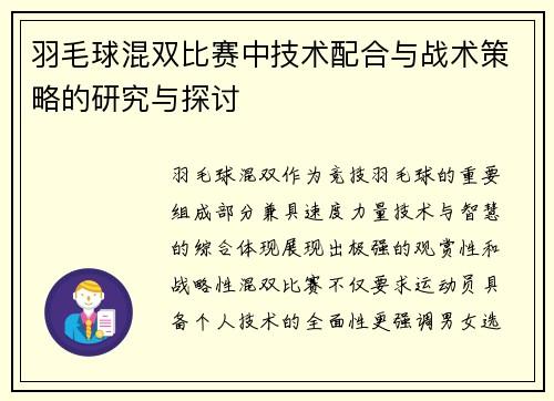 羽毛球混双比赛中技术配合与战术策略的研究与探讨