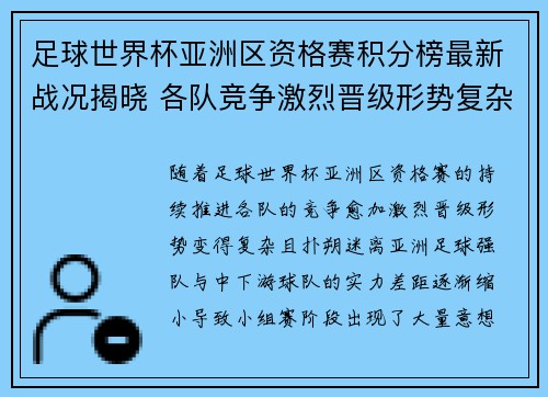 足球世界杯亚洲区资格赛积分榜最新战况揭晓 各队竞争激烈晋级形势复杂